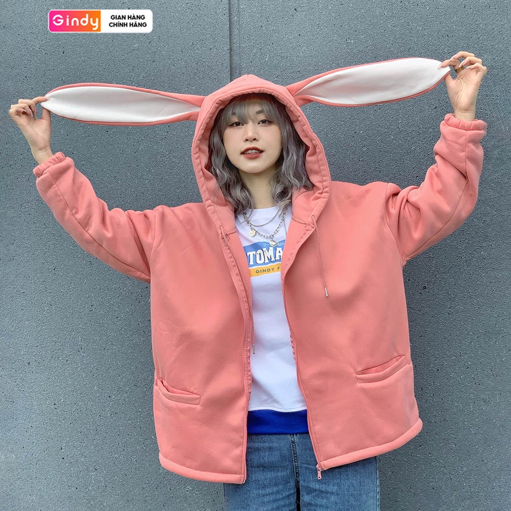 Áo khoác tai thỏ nỉ trơn nữ GINDY hoodie basic form rộng có mũ bo gấu tay phong cách ulzzang thời trang thu đông A10123
