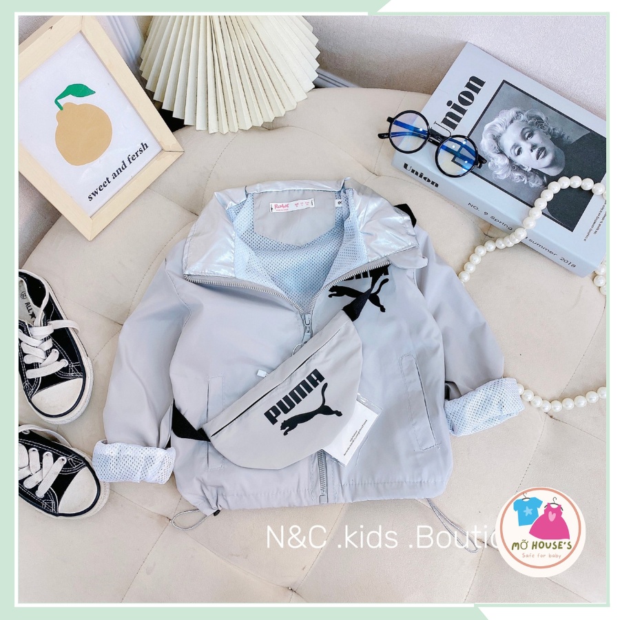 Set áo 2 chi tiết, áo gió 2 lớp kèm túi đeo chéo cho bé trai, bé gái từ 10kg đến 22kg AK05