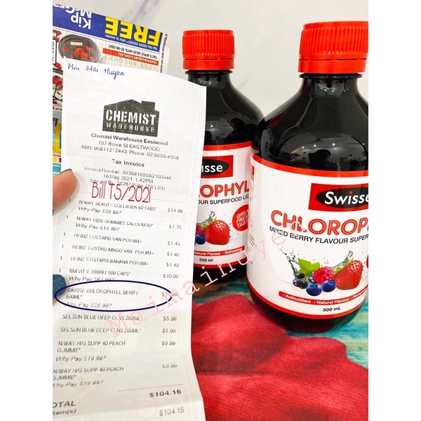 ( Đủ Bill+Tem Chemist) Nước Diệp Lục Swisse Vị Dâu 500ml