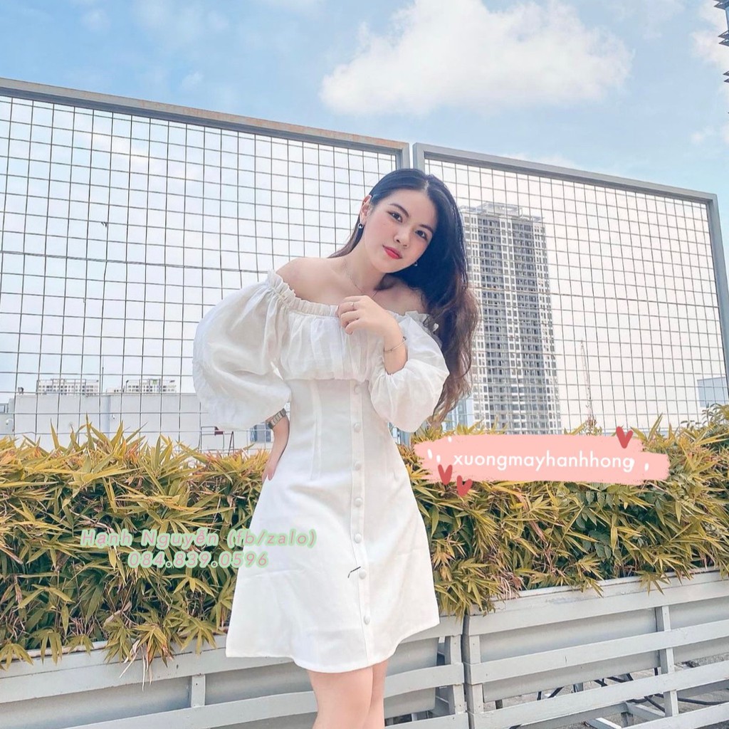 Váy trắng dự tiệc trễ vai hàng cúc, Váy rúm ngực trễ vai - Xưởng May Hạnh Hồng | BigBuy360 - bigbuy360.vn