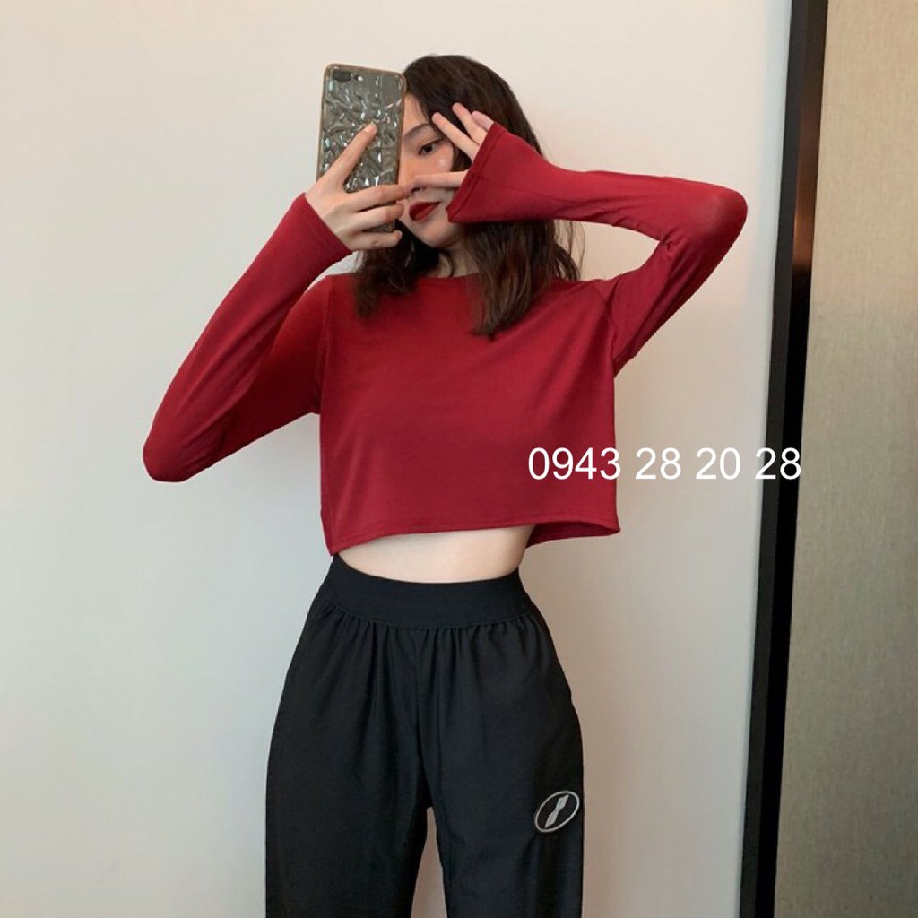 áo croptop dài tay trơn phom rộng cổ tròn phong cách hàn quốc nhiều màu