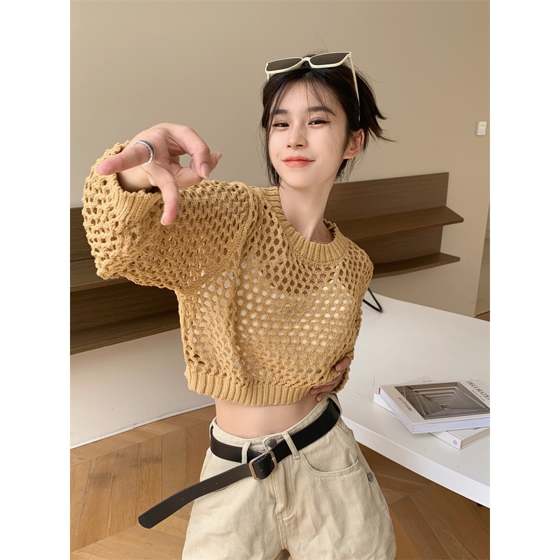 DUNEA Áo Croptop Dệt Kim Dáng Rộng Phong Cách Hàn Quốc Cổ Điển 4 Màu Sắc Lựa Chọn