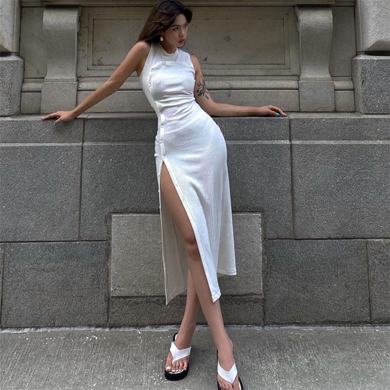 DUNEA Đầm midi thiết kế rỗng cài nút không tay khâu vải màu trơn thời trang dành cho nữ