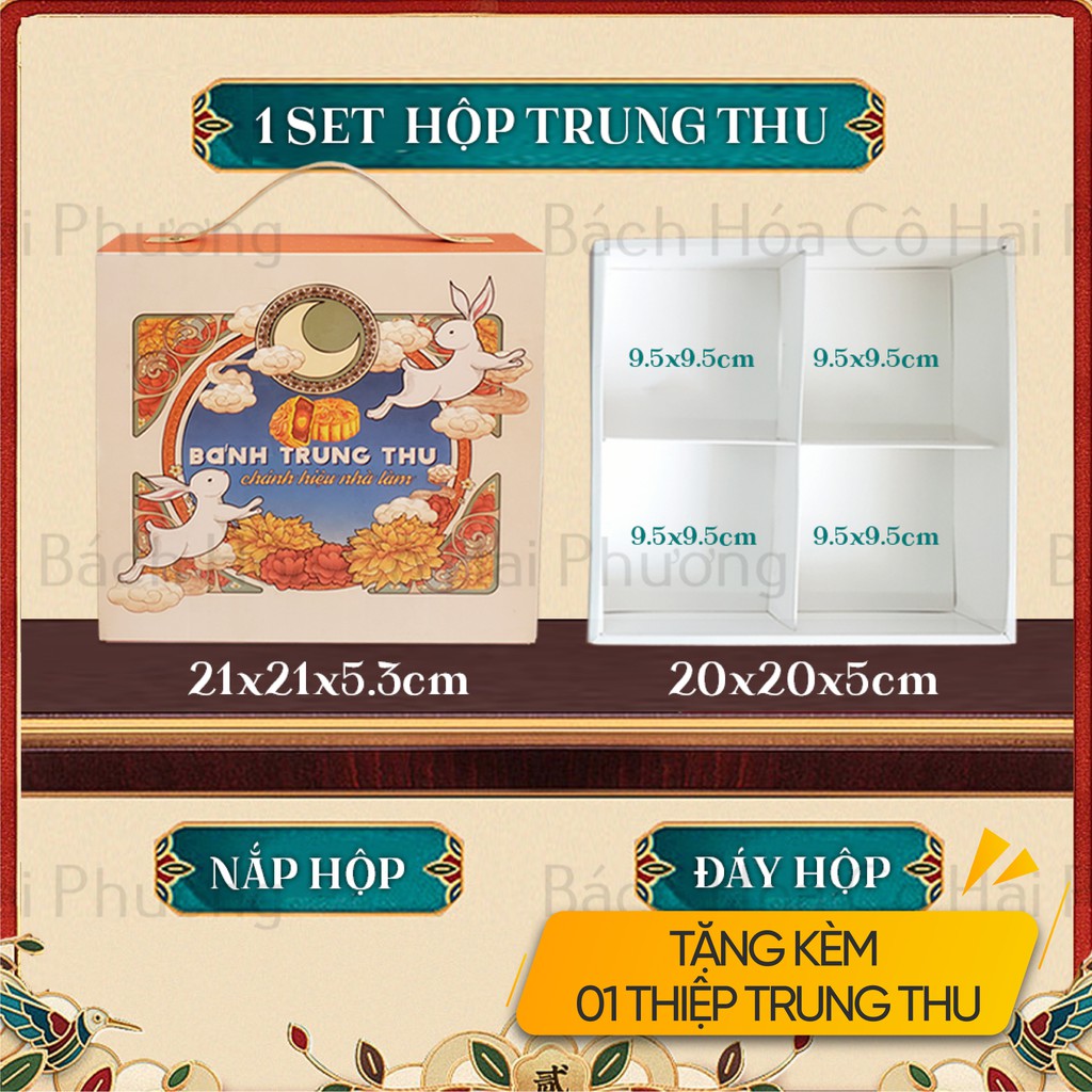 [FREESHIP] Hộp trung thu 4 bánh (4 bánh 100-180g). - Tặng kèm thiệp trung thu, khay chia ngăn - KT Hộp 20.5x20.5cm