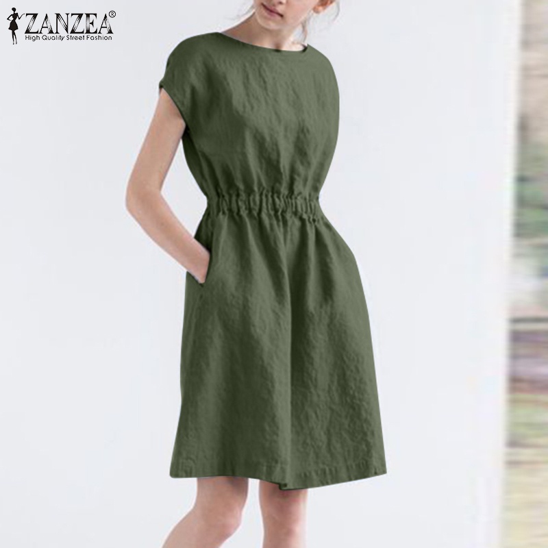 Đầm ZANZEA cotton ngắn tay lưng thun phối túi phong cách châu âu cho nữ
