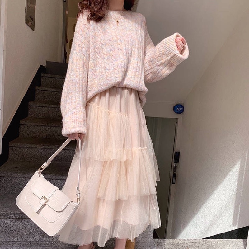 Set áo len chân váy công chúa phong cách Ulzzang