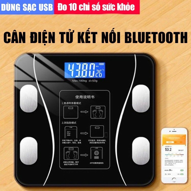 Cân Sức Khỏe Điện Tử Kết Nối Bluetooth Thông Minh, Phân Tích Lượng Mỡ Cơ Thể, Dùng Sạc Usb, Trọng Lượng Tối Đa 180kg