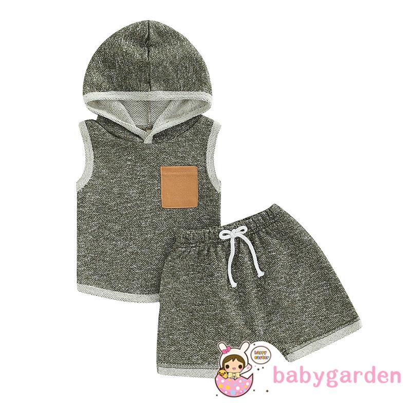 Bộ Áo Hoodie Sát Nách + Quần Short Lưng Cao Thời Trang Mùa Hè Cho Bé Trai 0-3 Tuổi
