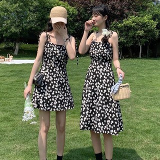 Váy hai dây hoa cúc đôi ngắn dài vải thô
