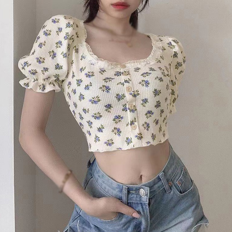 Áo Croptop Cổ Vuông Tay Ngắn Thời Trang Mùa Thu Cho Nữ