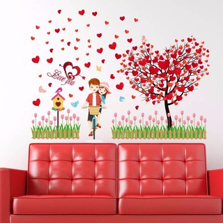 Tranh decal, Đề can dán tường tình yêu xe đạp với cây hình trái tim màu đỏ trang trí phòng ngủ phòng cưới