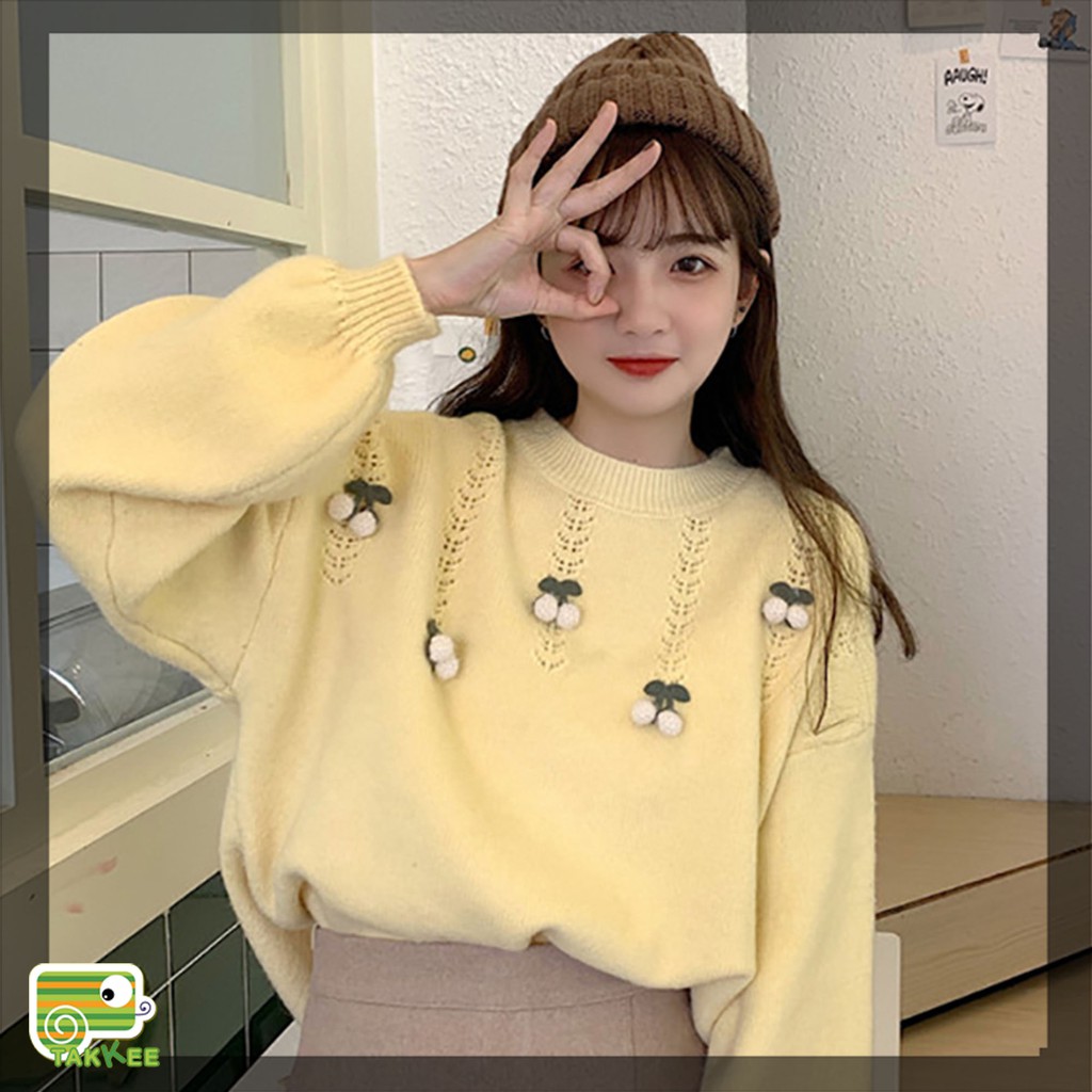 Áo len form rộng đính quả bông đáng yêu siêu cấp