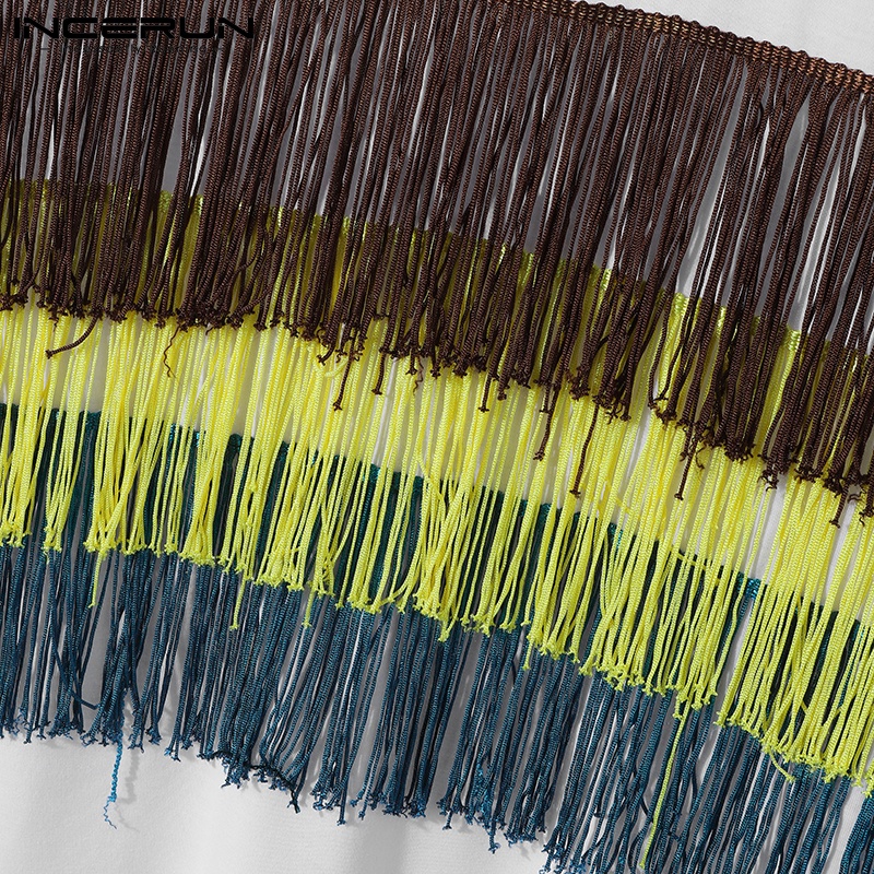 Áo thun INCERUN tay ngắn dáng rộng phối tua rua nhiều màu sắc thời trang sành điệu cho nam