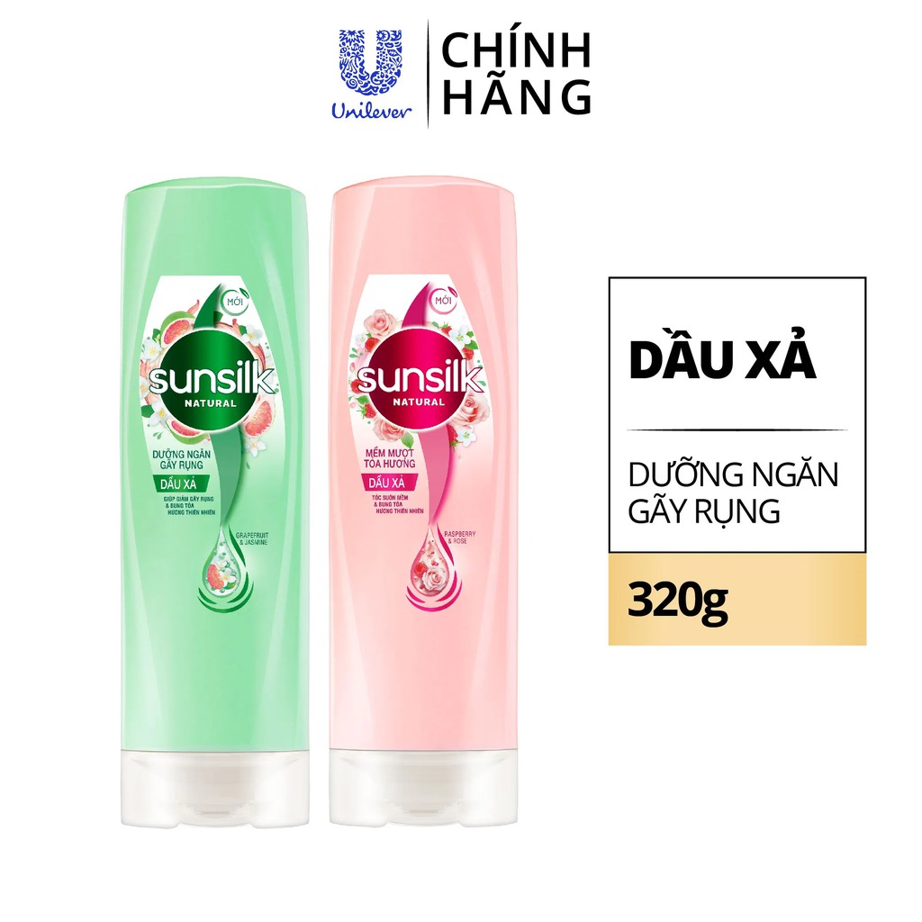 Dầu xả Sunsilk Natural 320g thành phần 100% thiên nhiên cho mái tóc tỏa hương sống động 48h và giảm gãy rụng gấp 2,5 lần