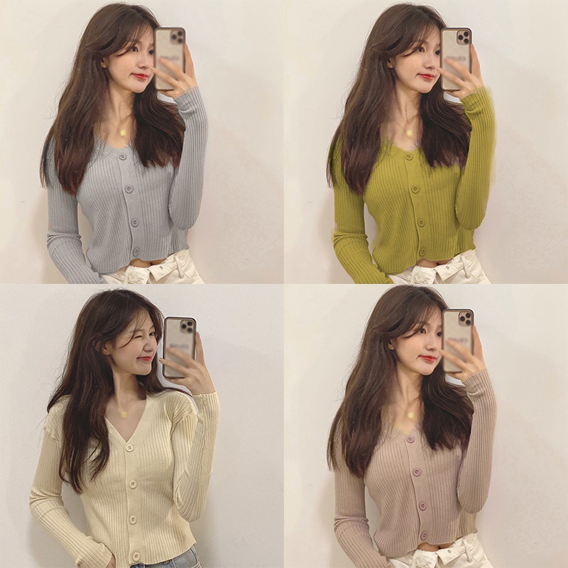 Áo Khoác Len Cardigan Tay Dài Cổ Chữ V Dáng Rộng Dễ Phối Đồ