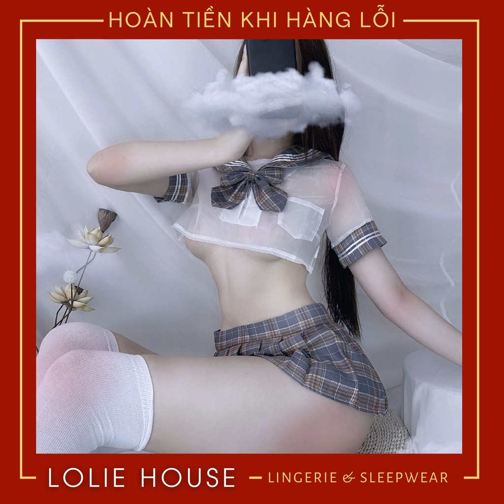 Cosplay Học Sinh Nhật Bản Caro - Set đồ cosplay học sinh áo voan cổ đính nơ sexy LOLIE HOUSE - CP19