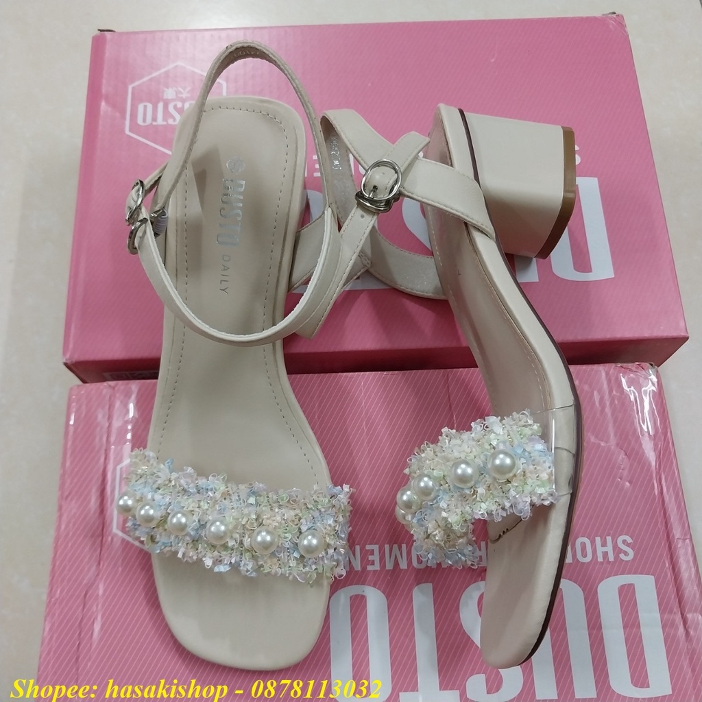 Giày sandal Dusto quai ngang phối nhựa trong và vải xinh xắn, gót 6cm