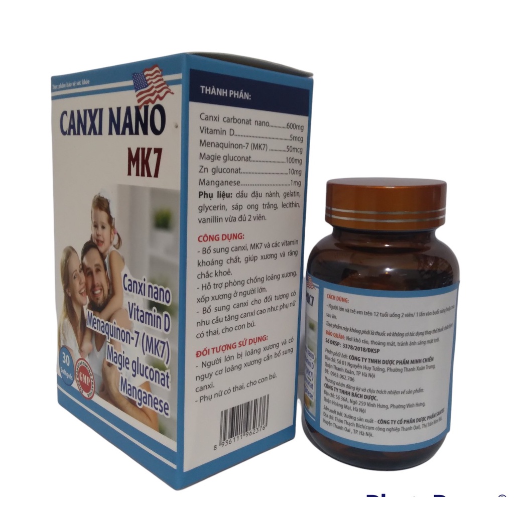 Viên uống Canxi Nano MK7 phát triển chiều cao giúp xương và răng chắc khỏe - Hộp 30 viên