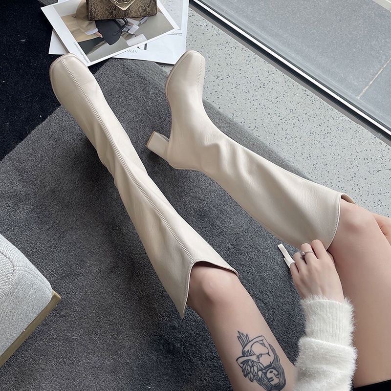 Giày boot da nữ cao cổ da mềm gót vuông ôm chân cao 7cm