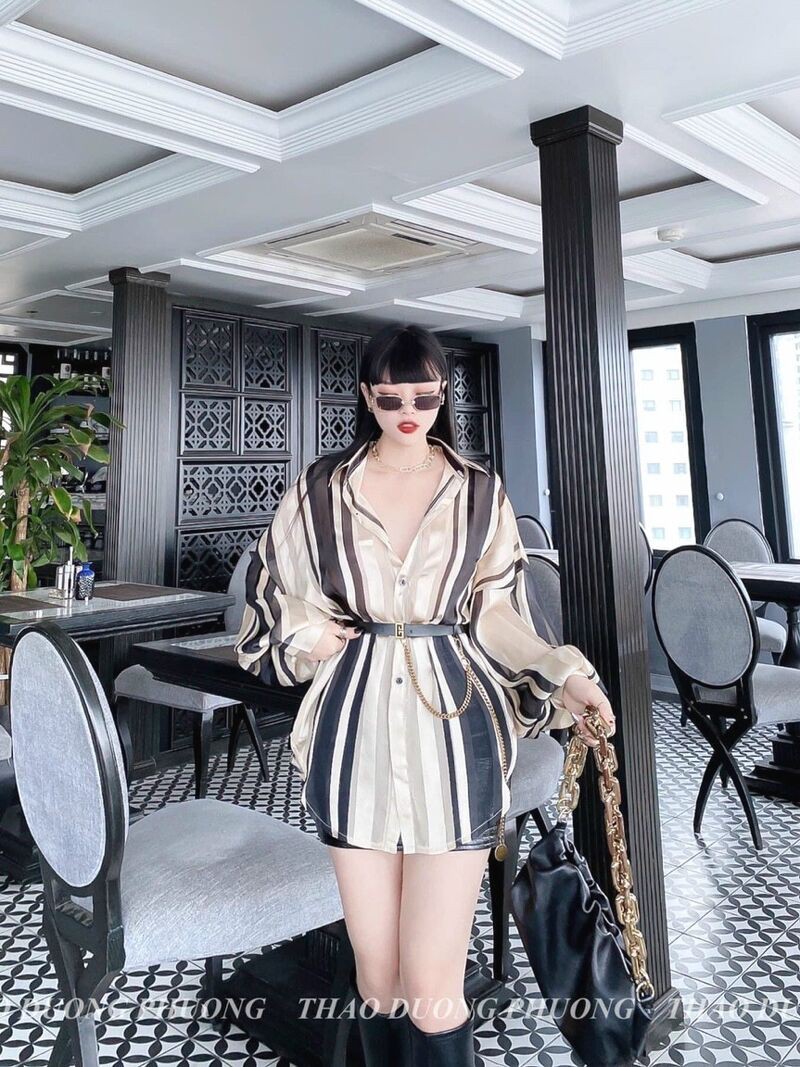Áo váy sơ mi lụa sọc sang chảnh dáng rộng hàng đẹp sexy