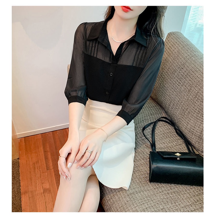 Áo sơ mi satin chiffon ghép nối tay dài 7 tấc màu trắng thời trang xuân hè cho nữ