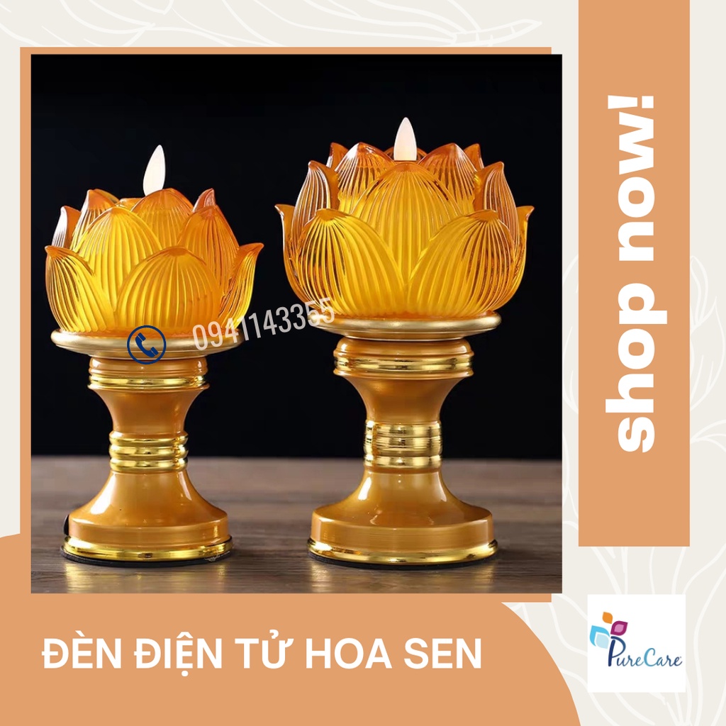 Chân đế Đèn nến điện tử Hoa sen pha lê dùng trang trí, thờ cúng