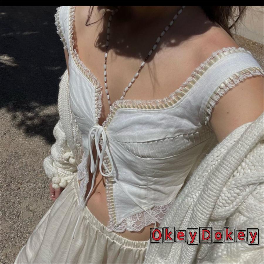 Áo Hai Dây Cổ Chữ V Phối Ren Ôm Dáng Phong Cách Vintage Cho Nữ