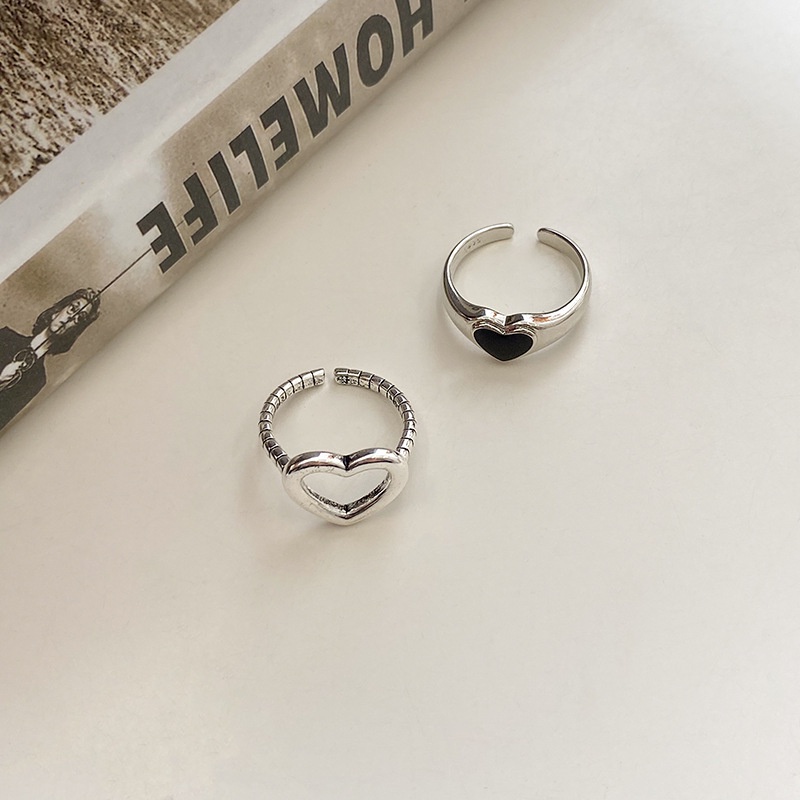 Set 2 nhẫn bạc mặt trái tim rỗng đính đá quý cho nữ