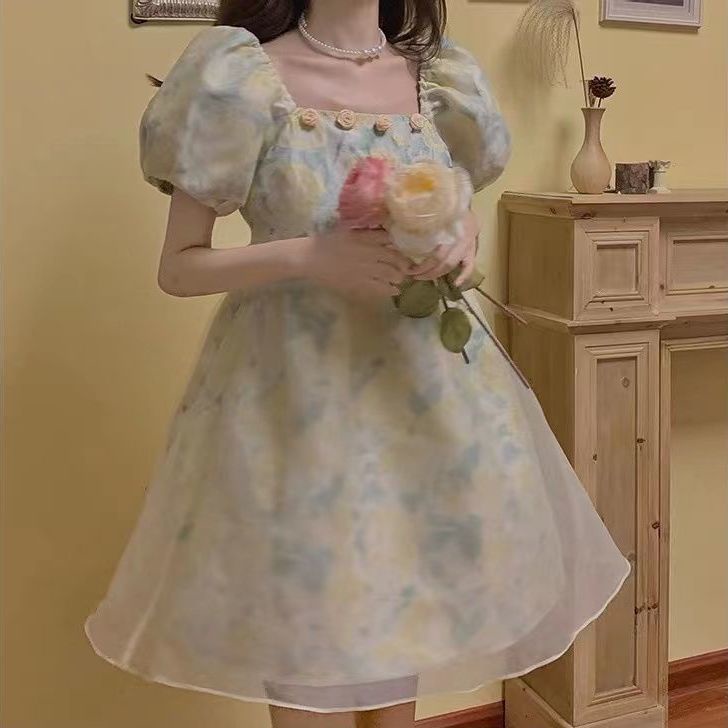 Đầm Chữ A Lưng Cao Mùa Hè Màu Xanh Lá Trà Xanh Lá Phong Cách Mới Cho Nữ Sinh