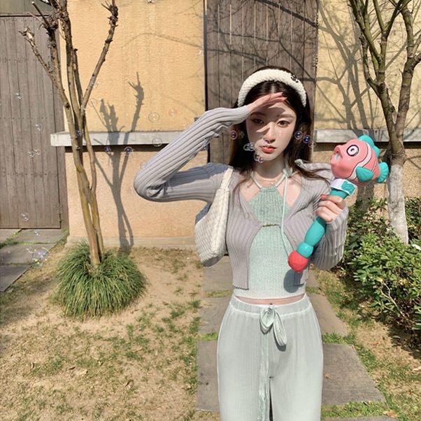 COZOK Bộ Áo Khoác cardigan Dài Tay + Áo Hai Dây Xinh Xắn Dành Cho Nữ