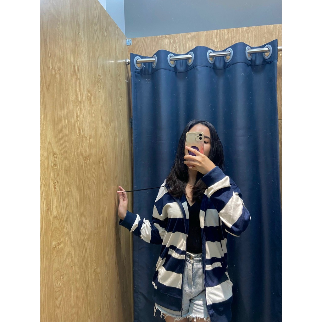 Áo khoác hoodie chống nắng phối sọc xanh than dệt sợi trực tiếp dây kéo sành điệu phong cách trẻ trung
