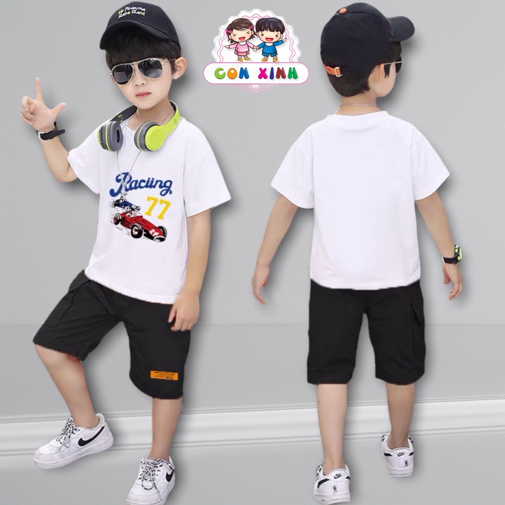Bộ đồ bé trai Con Xinh cotton hình in Xe đua RACING 77,thời trang dành cho bé từ 4 đến 10 tuổi