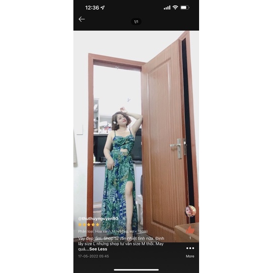 Đầm maxi hoa xanh hai dây khoét eo xẻ tà chất voan tơ