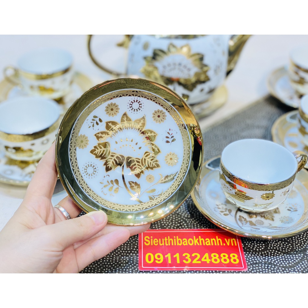 Bộ ấm chén men trắng Hoàng Gia chóp lửa mạ vàng họa tiết Cành Hoa Bát Tràng