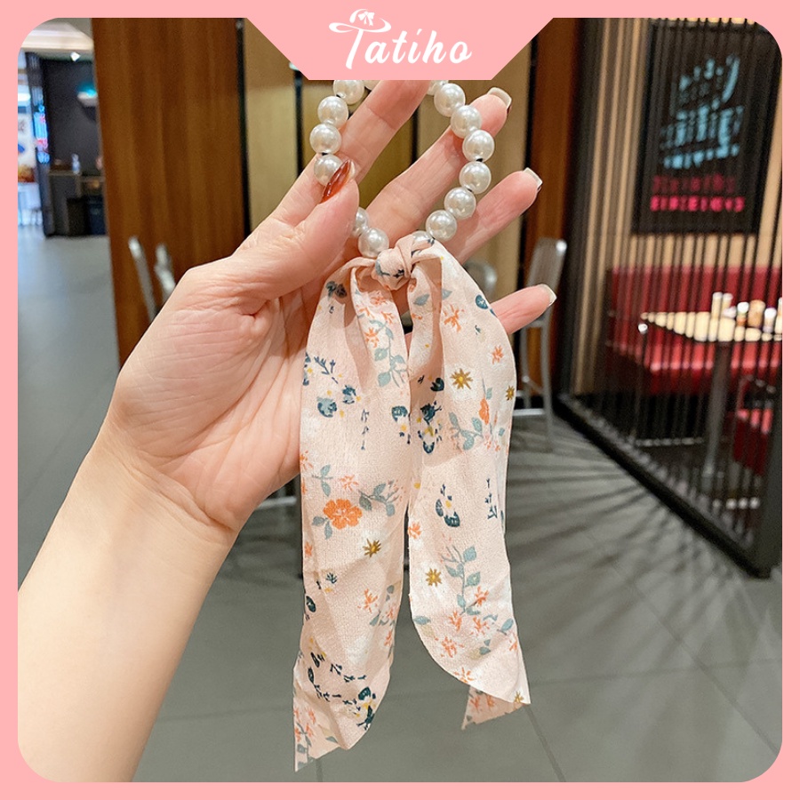 Cột Tóc, Ruy Băng Turban Chất Voan Họa Tiết Hoa Nhí Dây Chuỗi Phối Nơ Tiểu Thư Phong Cách Hàn Quốc - Tatiho - Mã SC016