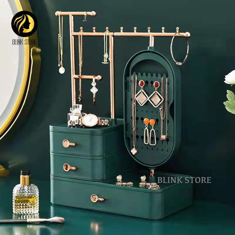 Kệ đựng mỹ phẩm kết hợp các ngăn đựng trang sức để bàn đa năng với giá treo, gương soi và 3 ngăn kéo sang trọng