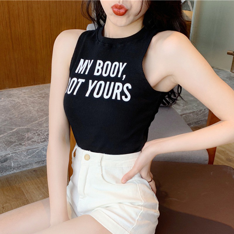 Áo Croptop sát nách cổ tròn hoạ tiết chữ cho phái nữ