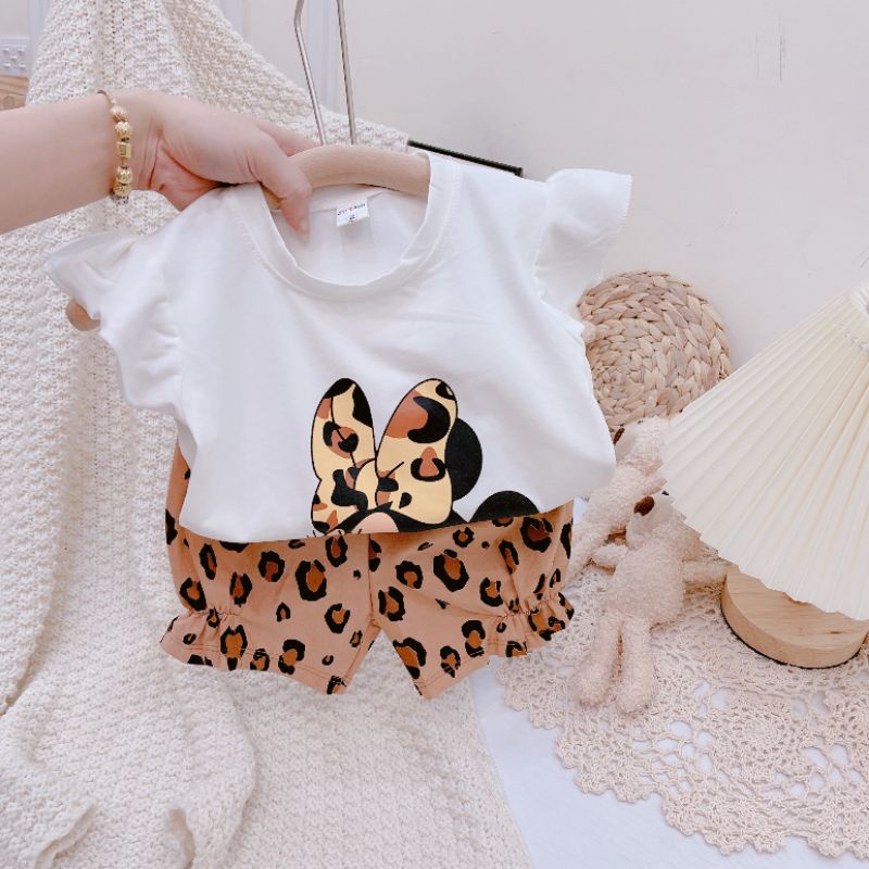 Bộ Quần Áo Ba Lỗ Tay Bèo In Hình Micky Da Báo Vải Cotton Siêu Đẹp Cho Bé Gái Từ 8-20kg Mã BL24