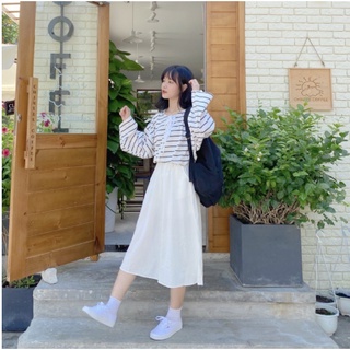 Chân váy dài dáng xòe ulzzang, chân váy đũi cạp chun phong cách Hàn Quốc