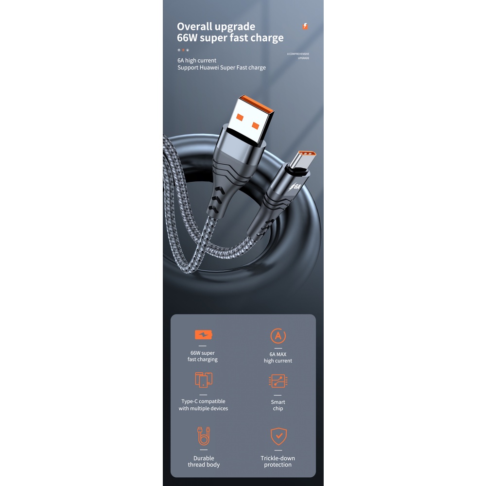 Dây Cáp Sạc Nhanh 6A 66W SCP Cho Huawei Mate 40 Pro 5A Xiaomi Samsung OPPO 1 / 2 / 3M