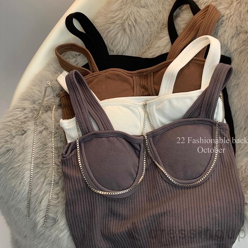 Áo Croptop Không Tay Đệm Mút Màu Trơn Phối Dây Xích Kim Loại Cho Nữ