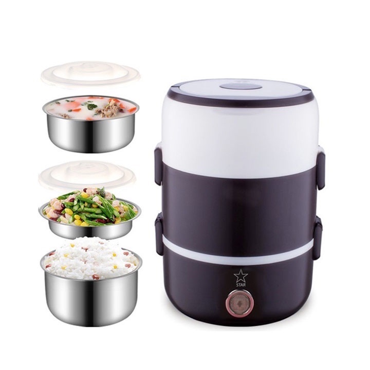 Bộ hộp cơm giữ nhiệt văn phòng cao cấp cắm điện inox 3 tầng - Chính hãng dododios