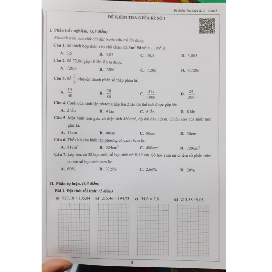 Sách Đề kiểm tra 5 toán, học kì 2