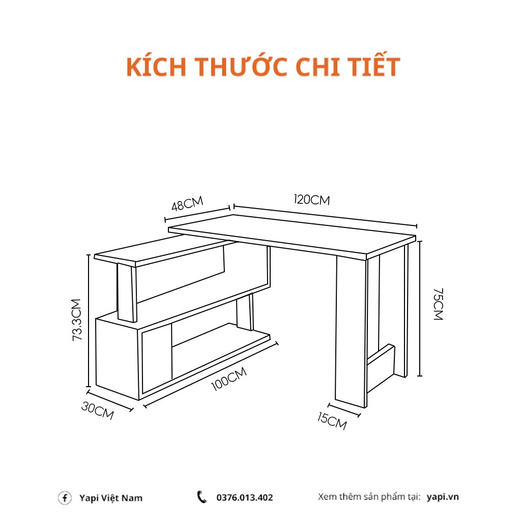 Bàn Làm Việc Chữ L Thiết Kế Kèm Giá Sách Gỗ MDF xịn YAPI GHC-4155
