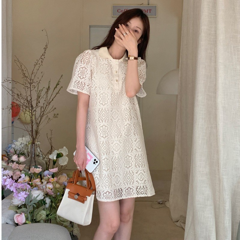Đầm Tay Ngắn Dáng Chữ A Cổ Polo Phong Cách Hàn Quốc Mới