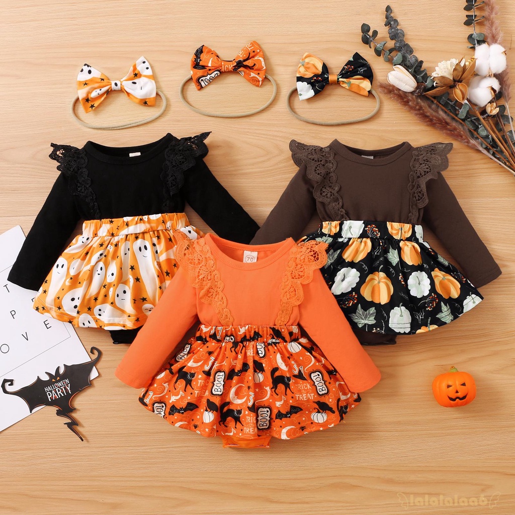 Bộ 2 Món Áo Liền Quần Tay Dài Phối Bèo + Băng Đô Nơ Phong Cách Halloween Cho Bé Gái 6 Tuổi