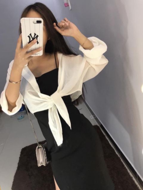 Áo sơ mi voan lửng cột eo siêu phong cách