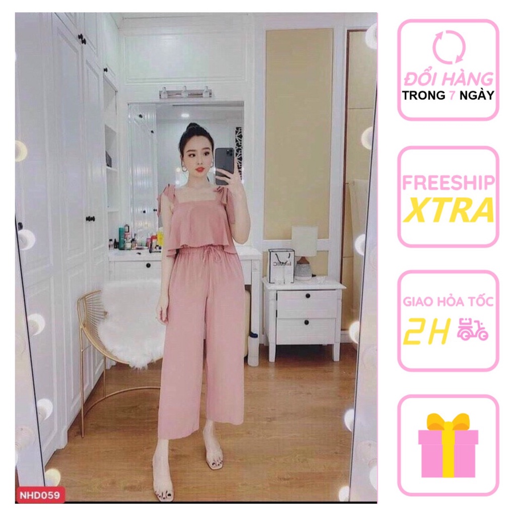 [FREESHIP 50K] Set Bộ Kiểu Nữ NHISTORE Quần DÀi Ống Rộng Áo Croptop Cột Dây Vai Freesize Dưới 57Kg