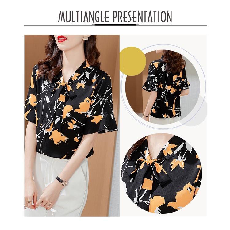 Áo Sơ Mi Chiffon Tay Ngắn Thắt Nơ In Họa Tiết Thời Trang Hàn Quốc Cho Nữ Size L-5XL