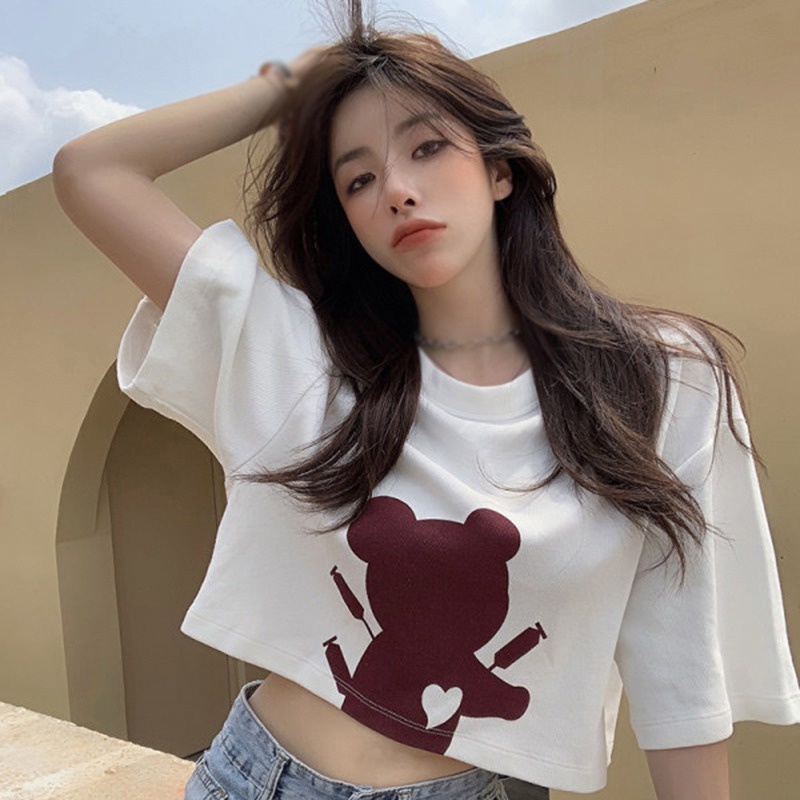 Áo Thun Ngắn Tay Dáng Rộng Eo Cao In Hình Gấu Thời Trang Mùa Hè Hàn Quốc